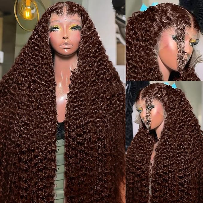 250% Density 36 Inch 13x6 FULL SKINLIKE HD Chocolate Brown Deep Curly lace front wigs Pre Plucked Real 0.10mm Ultra-thin Invisible Water Wave HD Lace Front Wigs Human Hair Small Knots Full Virgin Hair