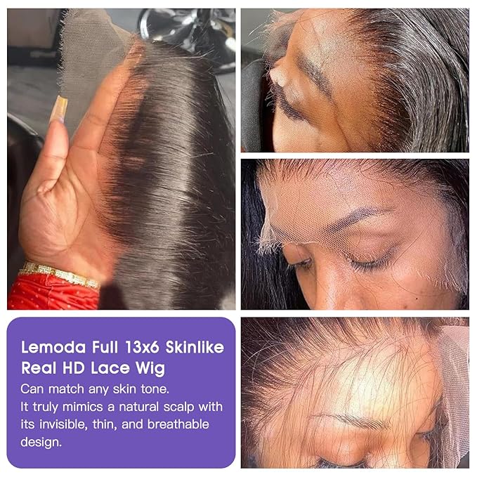 Lemoda 26Inch Full 13x6 SKINLIKE Real HD Lace Frontal Wigs 200% 15A 13x6 Straight Virgin Human Hair Full Lace Frontal Wigs Invisible 0.1mm Ultra-thin Frayed Ends Lace Front Wig Pre Plucked Tiny Knots