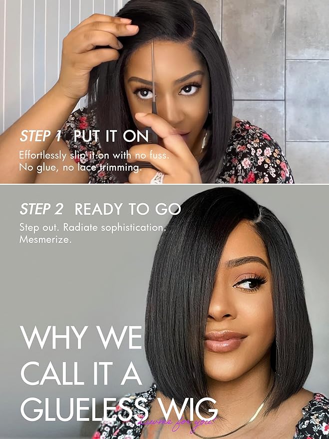 LUVME HAIR 10 Inch Light Yaki Straight Bob Wig Human Hair, Undetectable HD Lace Glueless Bob Wigs Human Hair Pre Plucked, Pre Cut Lace Wig Short Black Blunt Cut Bob Wigs