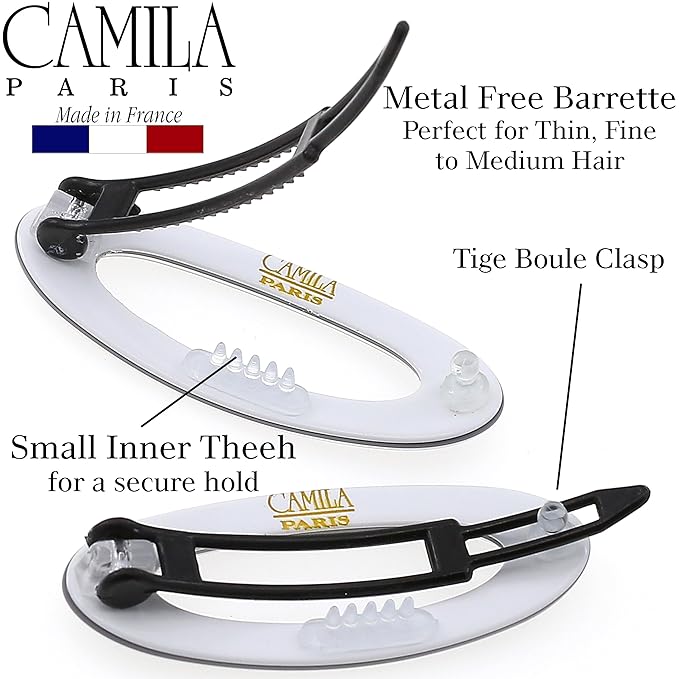 Camila Paris CP3368 French Hair Barrette Clip for Women, Handmade, Gray White, Side Slide-in Metal-Free Closure Strong Hold Grip Hair Clips for Girls, No Slip Durable Hair Accessories, Made in France