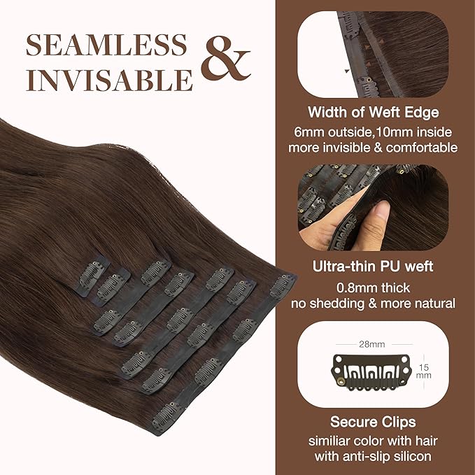 GOO GOO Clip in Hair Extensions Real Human Hair, Remy Human Hair Extensions Clip ins for Women, Natural Human Hair, 12inch 85g 7Pcs, #4A Chocolate Brown