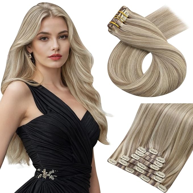 Moresoo Seamless Clip in Hair Extensions Human Hair Remy Straight PU Weft Human Hair Clip in Extensions Full Head Light Brown Highlight with Blonde 7pcs/120g 14inch
