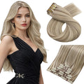 Moresoo Real Hair Extensions Clip in Human Hair Thick Brown with Blonde Highlights Seamless Clip in Hair Extensions Light Brown with Platinum Blonde for Women Long And Invisible 120g/7pcs 20 inch