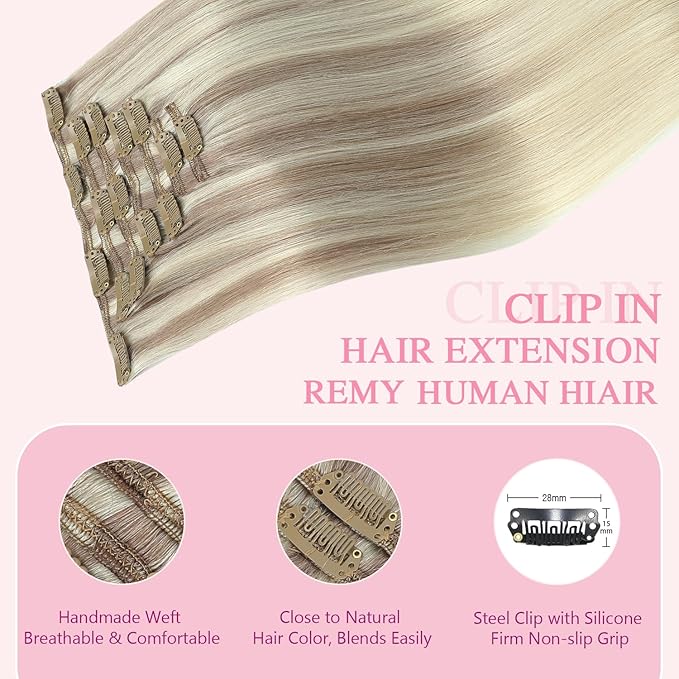 PINKPEARL Clip in Hair Extensions Straight Human Hair #18/22/60 Balayage Ash Blonde to Golden Blonde and Platinum Blonde 7pcs 120g 14 Inch Real Hair Clip in Extensions(#18/22/60-14)