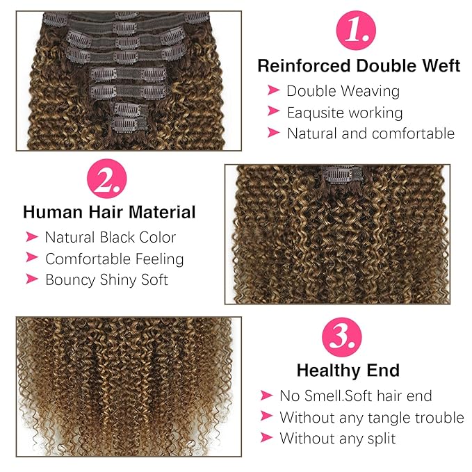Kinky Curly Clip in Hair Extensions Real Human Hair 4/27/4 Omber Kinky Curly Clip ins For Women 3c 4a Brazilian Virgin Clip on Hair (26inch,#4/27/4)