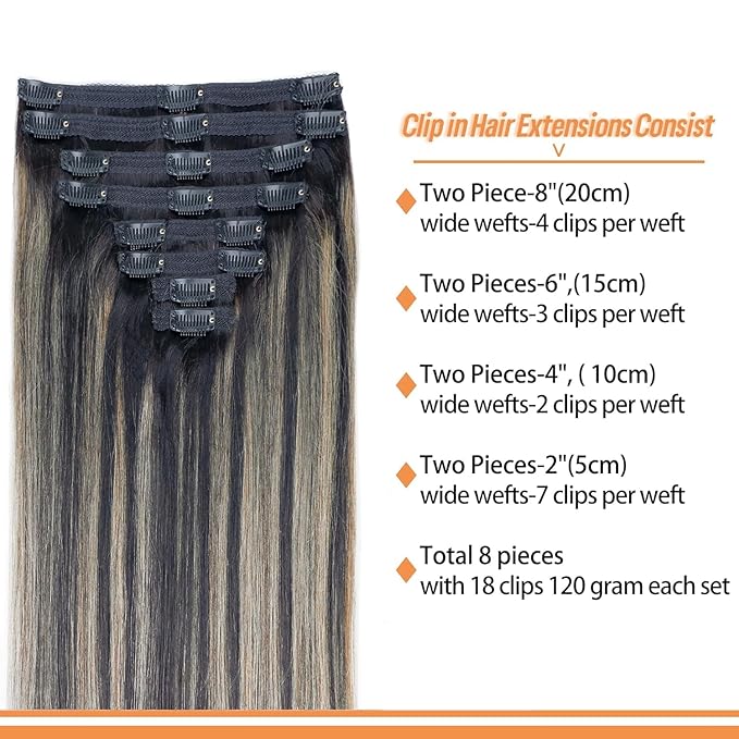 FB27 Balayage Clip In Hair Extensions Real Human Hair Straight Highlight Clip ins for Black Women 8Pcs with 18Clips 120g 22inch #T1B/1B/27 Balayage Black to Blonde