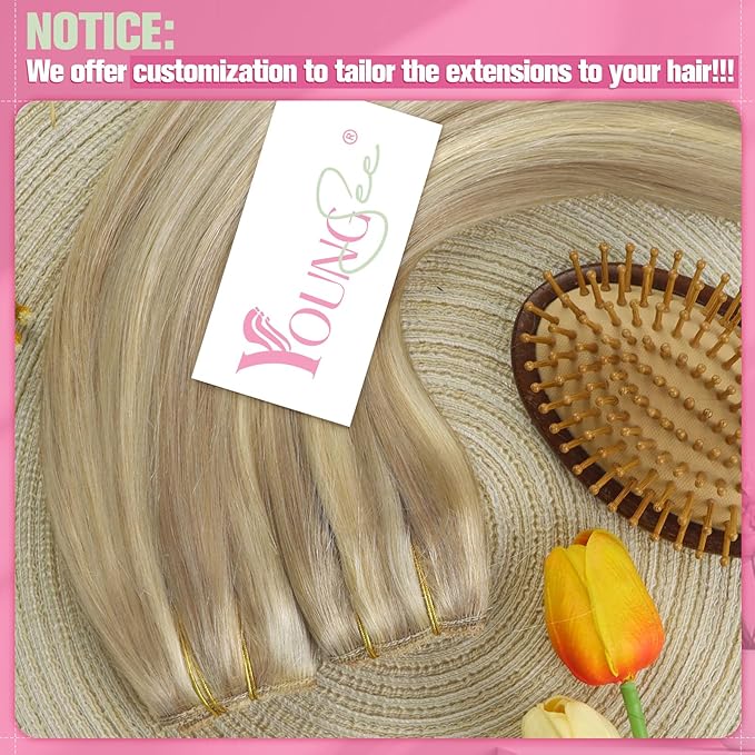 YoungSee 120G Wire Hair Extensions Human Hair Blonde Highlight Human Hair Wire Extensions Blonde Headband Hair Extensions for Women Golden Blond Mix Light Blond 16Inch