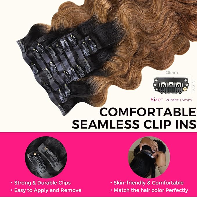 Lashey Seamless Clip in Hair Extensions Human Hair 130g 9pcs 14 Inch Body Wave Ombre Natural Black to Medium Auburn Clip in Hair Extensions for Women