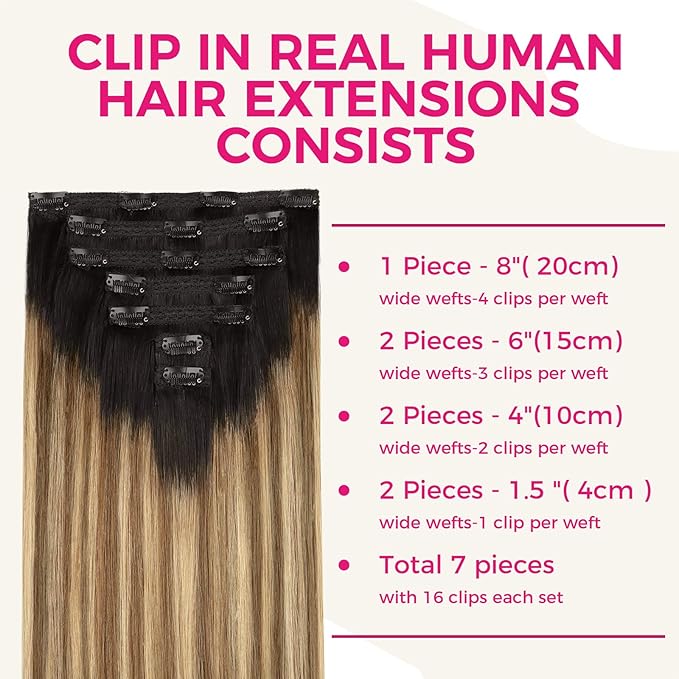 Lashey Clip in Hair Extensions Real Human Hair Balayage Ash Brown to Honey Blonde with Dark Root 7pcs 120g Straight 16 Inch Hair Extensions Natural Remy Human Hair Clip in Extensions