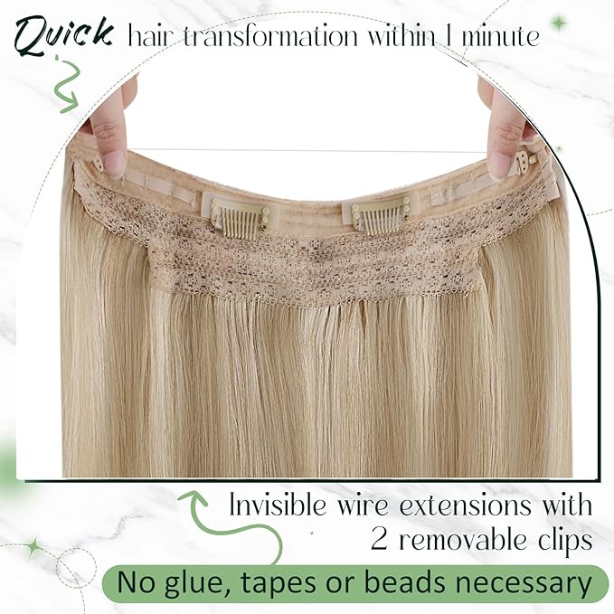 RUNATURE Wire Human Hair Extensions Dark Blonde Highlight Golden Blonde Fish Wire Hair Extensions Real Human Hair Invisible Wire Hair Extensions 16 Inch 80g