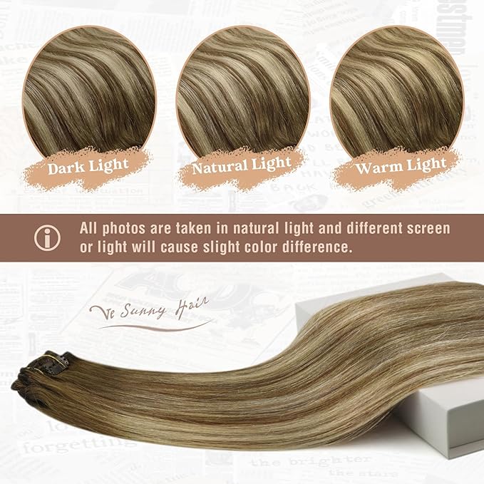 Ve Sunny Balayage Clip in Hair Extensions Real Human Hair Brown Blonde Human Hair Clip in Extensions Balayage Chestnut Brown with Blonde Ombre Clip in Human Hair Extensions 80g 5pcs 12Inch