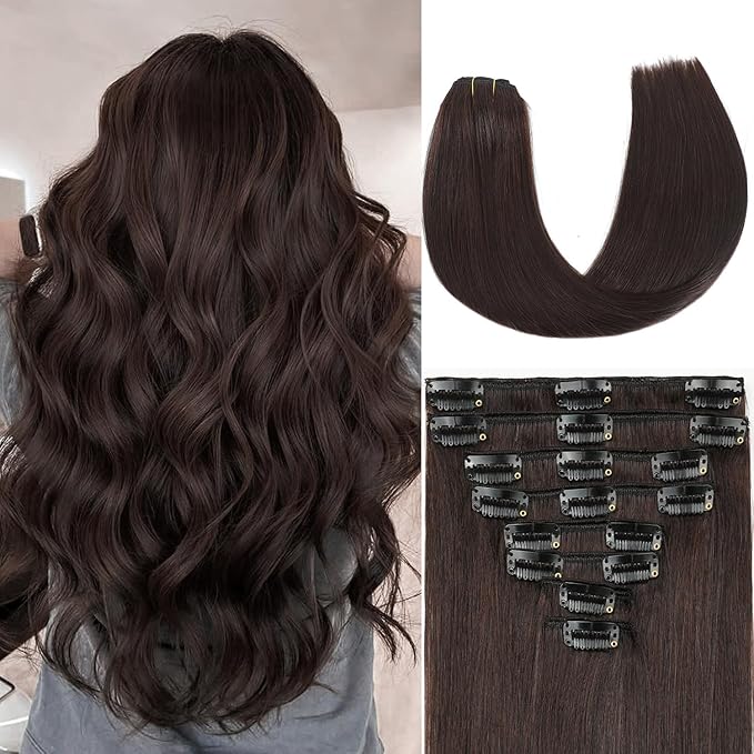 Dark Brown Clip in Hair Extensions Real Human Hair Invisible Seamless Remy Human Hair Clip in Extensions for Women 20Inch 105g, 8pcs Per Set with Double Weft
