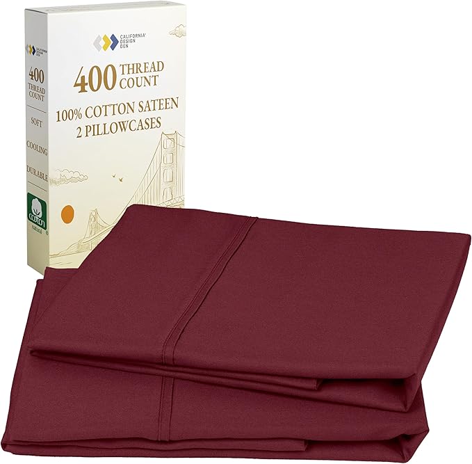 California Design Den Standard Queen Size Pillowcase Set - 400 Thread Count, 100% Cotton Sateen, Set of 2 Pillow Covers, Soft and Breathable - Burgundy Red