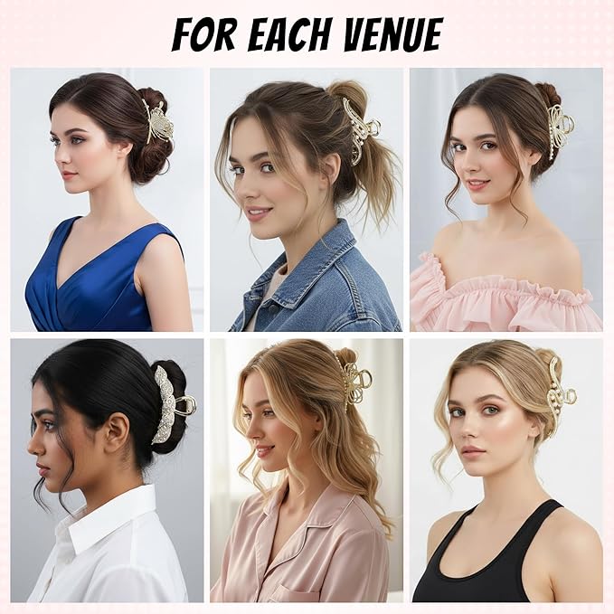 4Pcs Large Metal Hair Claw Clips with Rhinestones & Pearls, Non-Slip Waves-butterflies-leaves-bowknot Hair Clips for Thin and Thick Hair, Gold Sparkly Strong Hold Hair Claws for Women