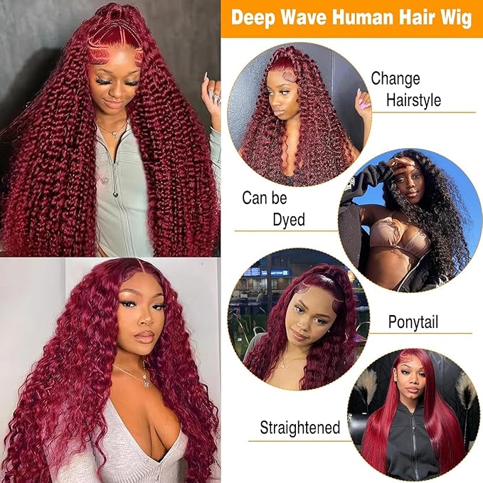 BVLBVL 24 Inch 99j 13x6 HD Lace Front Wigs Human Hair 250% Density Deep Wave Lace Front Wigs Pre Plucked Burgundy Wig Human Hair Wet And Wavy No Tangle No Shedding Triple Lifespan 3x