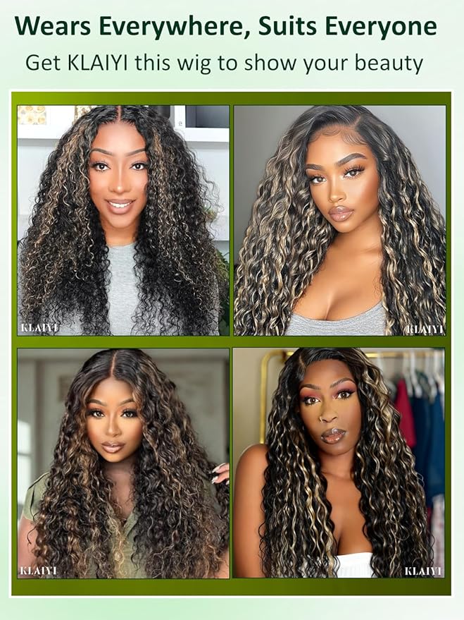 KLAIYI Ombre Highlight Blonde Water Wave Glueless Pre Everything 13x4 Lace Front Wigs Human Hair Drawstring Pre Plucked Pre Bleached Bye Bye Knots Curly Wig with Dark Roots Ready to Wear and Go 16Inch