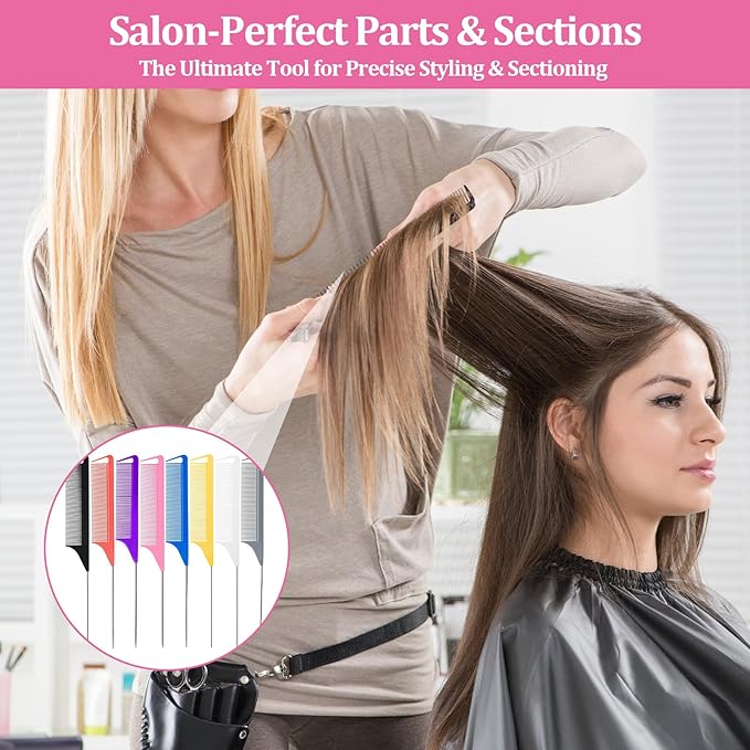 8 Pack Rat Tail Combs Set Stainless Steel Pintail Comb, Professional Rat Tail Combs for Styling, Sectioning & Hair Coloring for Salon & Home Use