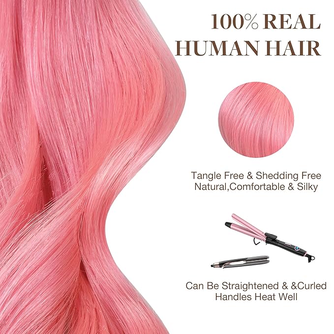 GOO GOO Tape in Hair Extensions Human Hair, Peach Pink, 18inch 25g 10pcs, Colored Tape ins Human Hair Extensions, Silky&Soft Invisible Tape Ins, Hair Highlighted for Party