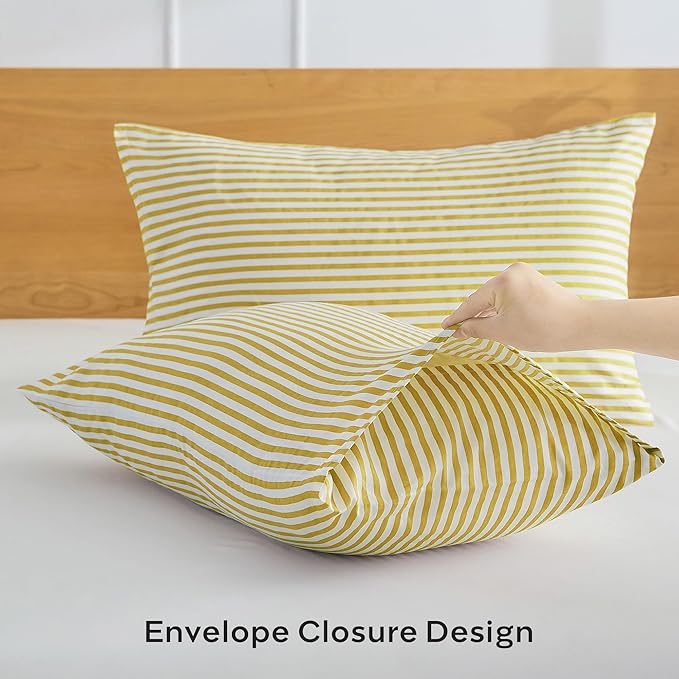 JELLYMONI 100% Natural Cotton Striped Queen Pillowcases Set, 2 Pack White and Yellow Stripes Pattern Printed Pillow Covers with Envelope Closure(Pillows are not Included)