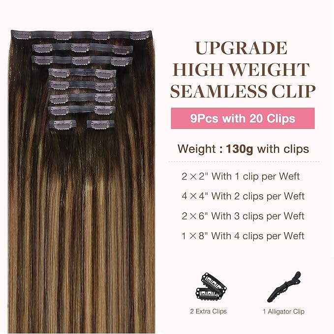 GOO GOO Clip in Hair Extensions Real Human Hair, Remy Human Hair Extensions Clip ins for Women, Natural Human Hair, 14inch 130g 9Pcs, 4/27/4 Balayage Chocolate Brown to Caramel Blonde
