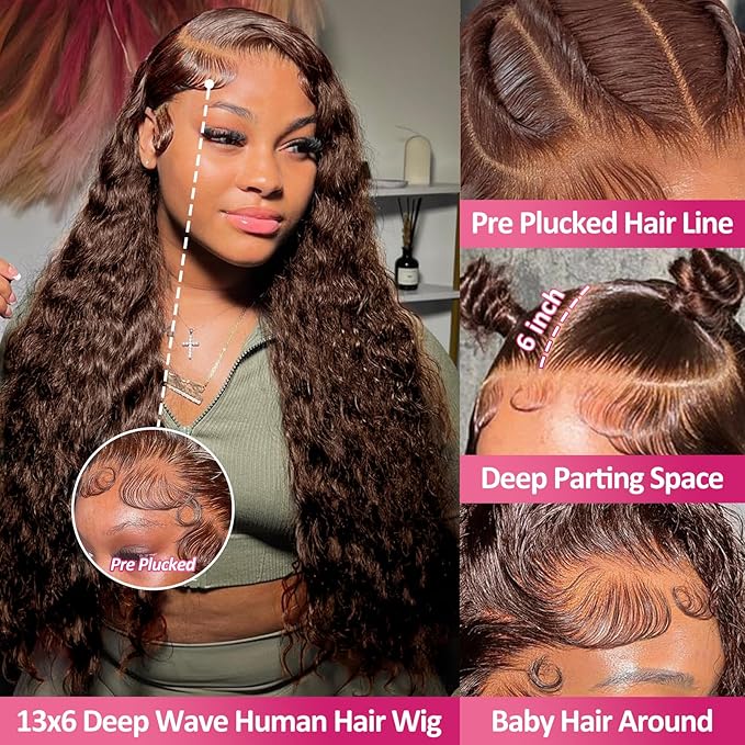 Deep Wave Lace Front Wigs Human Hair Chocolate Brown 13x6 HD Lace Front Wigs Pre Plucked Deep Curly Wigs Wet and Wavy Human Hair Frontal Wigs with Baby Hair 200% Density (32 Inch)