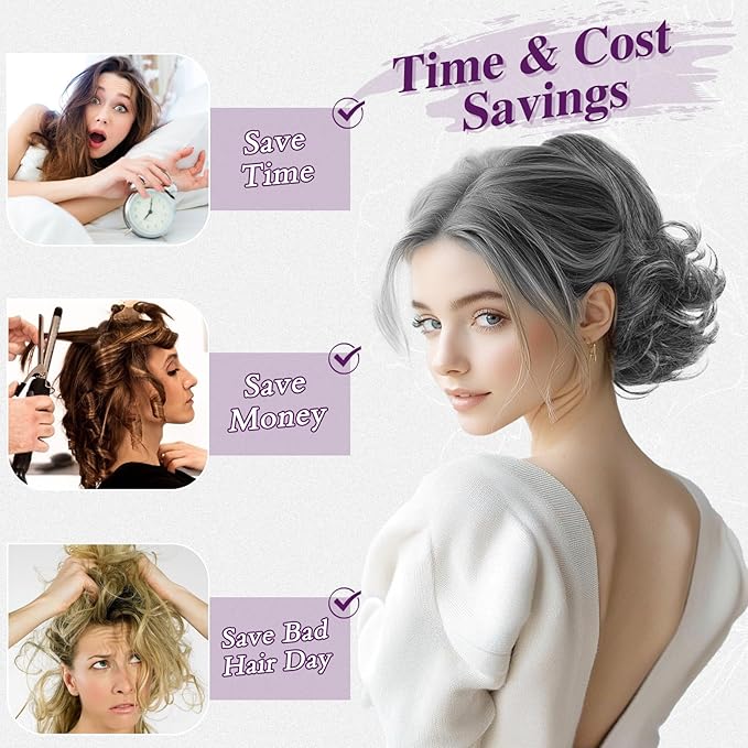 BARSDAR Drawstring Ponytail Extension - 10 Inch Short Wavy Ponytail Hair Extensions for Women - Synthetic Comb Clip in Ponytails Hairpieces Salt and Pepper Pony Tail - Dark Gray & White Tips