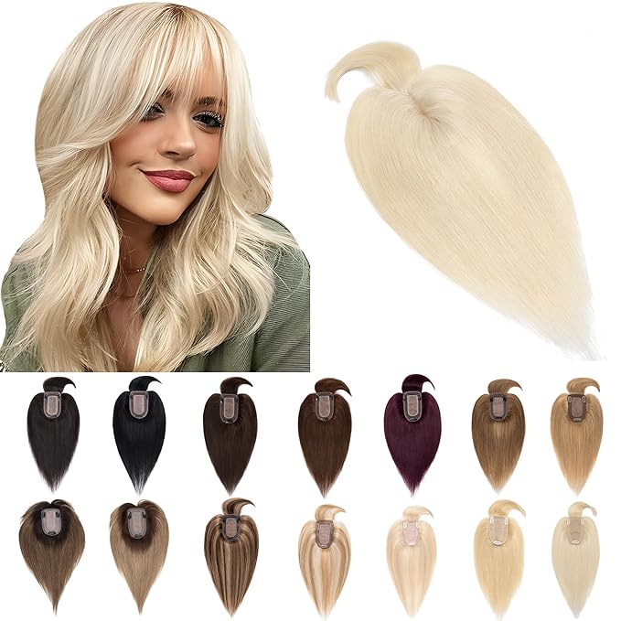 SEGO Hair Toppers for Women Real Human Hair With Bangs, 7 * 13CM Silk Base 100% Remy Human Hair Clip in Top Wiglet Hairpieces Add Volume -8 Inch Platinum Blonde