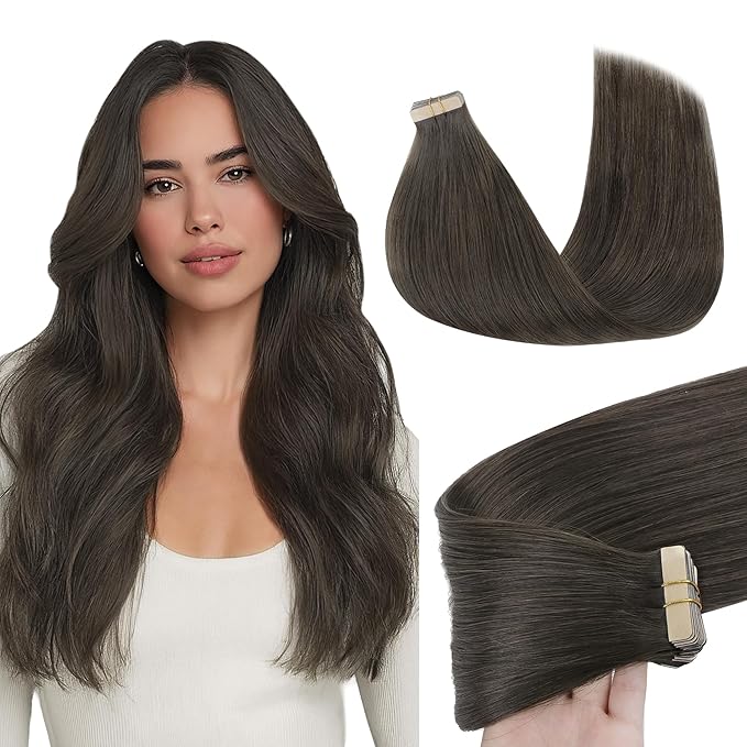 GOO GOO Tape in Hair Extensions Human Hair, 1C Mocha Brown, 26inch 60g 20pcs, Skin Weft Seamless Invisible, Silky Straight with Thick Ends, Remy Human Hair