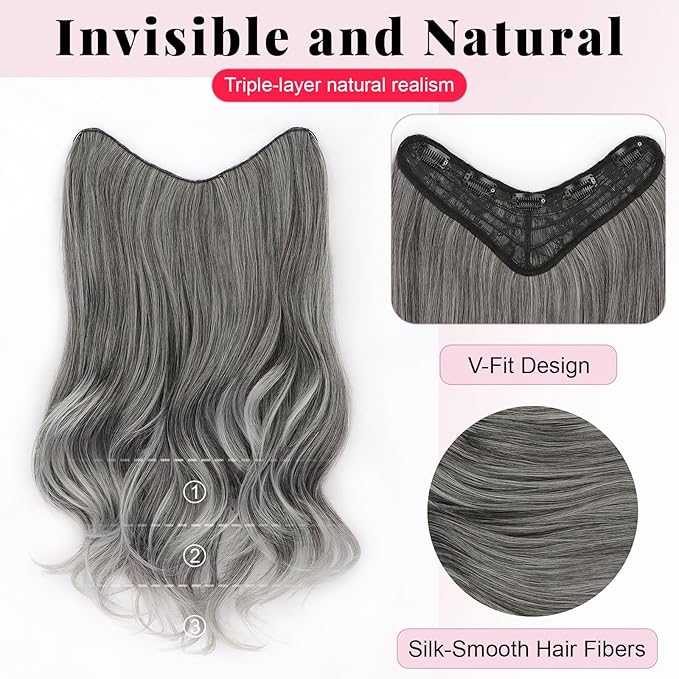 ALXNAN Long Wavy Hair Extensions for Women, Clip in Hair Extensions Clip Ins Soft Full Head Synthetic Hairpieces 20 Inch Grey/Sliver