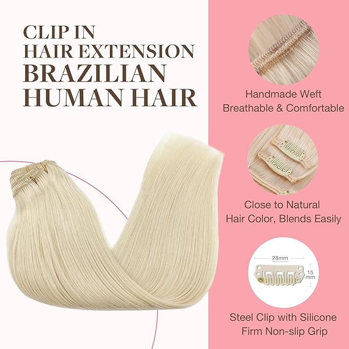 GOO GOO Clip in Hair Extensions Real Human Hair, Remy Human Hair Extensions Clip ins for Women, Natural Human Hair, 12inch 85g 7Pcs, #60A Platinum Blonde