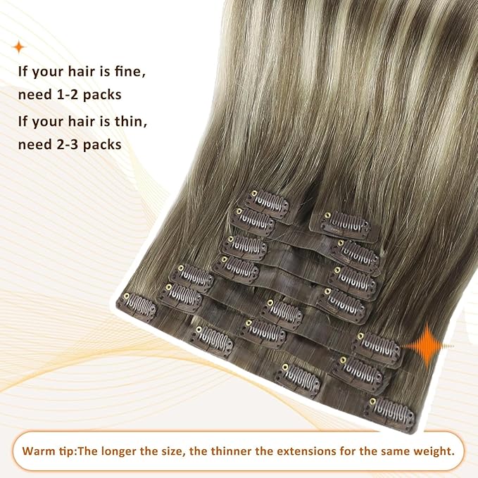 Full Shine 16 Inch Seamless Clip in Hair Extensions Balayage Remy Human Hair Clip in Brown to Platinum Blonde Real Human Hair Clip ins Softness 8 PCS 120 G