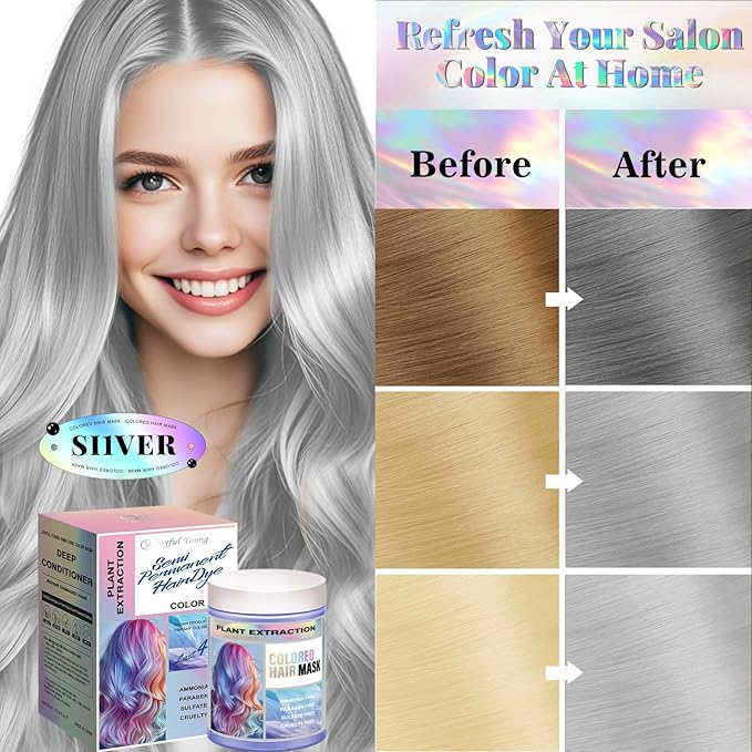 Vegan Semi Permanent Hair Color Mask - 10.15OZ Color Depositing Conditioner for Color-Treated Hair - Ammonia, Paraben, Sulfate & Cruelty-Free - Enhances & Tones Hair - Plant-Based Formula (SILVER)
