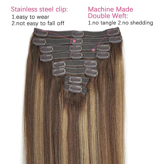 #4/27/4 Yaki Straight Clip in Hair Extensions Real Human Hair Omber Clip ins For Women Yaki Straight Clip on Hair(16inch,#4/27/4)