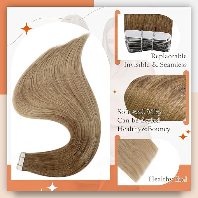 Full Shine Tape ins Invisible Tape in Hair Extensions Human Hair 18Inch Remy Glue in Hair Extensions Ombre Balayage Color 10/14 Golden Brown to Dark Blonde Seamless Skin Weft Hair Extension 20Pcs 50G
