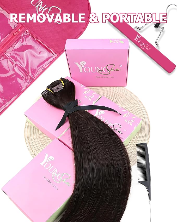 YoungSee Dark Brown Hair Extensions Clip ins 24 Inch Clip in Hair Extensions Human Hair Brown Clip in Hair Extensions Real Human Hair Long Straight Hair 120G 7Pcs