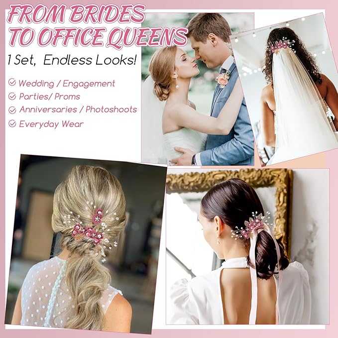 Wedding Flower Hair Accessories for Women: 4pcs Leaf and Flower Hair Combs for Women Accessories - Crystal Pearl Wedding Flower Clips Headpiece for Brides Bridesmaids Girls Updo (Rosy)