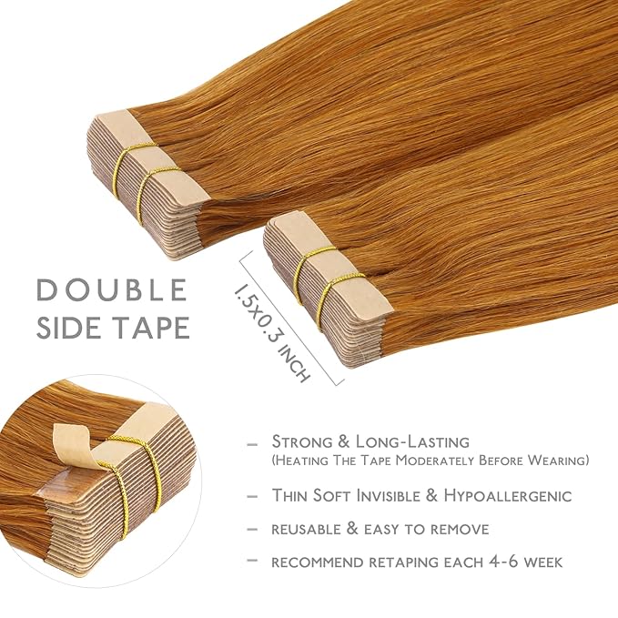 WENNALIFE Tape in Hair Extensions Human Hair, 20pcs 50g 22 inch Auburn Ginger Remy Hair Extensions Straight Human Hair Tape in Extensions Skin Weft Tape Extensions Human Hair