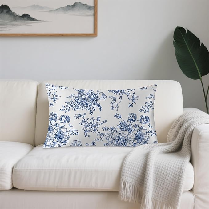 Blue Flowers Peonies Roses Satin Pillow Case Queen Size,Soft Pillowcases for Hair and Skin Similar to Silk,Pillowcases with Hidden Zipper Bedding Accessories,20X30 Inches,1 Pack