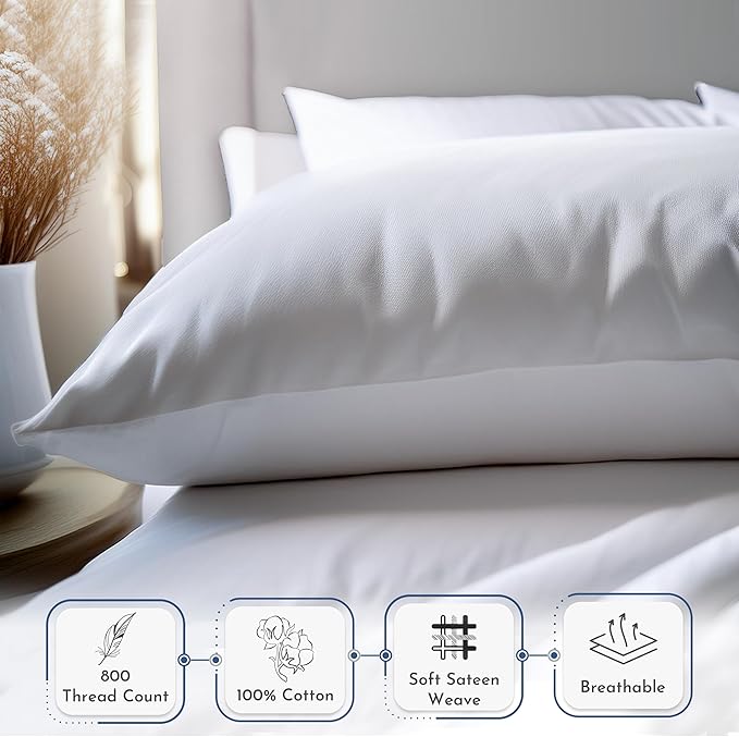 California Design Den Heirloom Soft, Smooth & Thick Certified 800 Thread Count 100% Cotton Sateen, 2 Pillow Cases Standard Size Fits Standard & Queen Size Pillows - Ivory (Cream Tone)