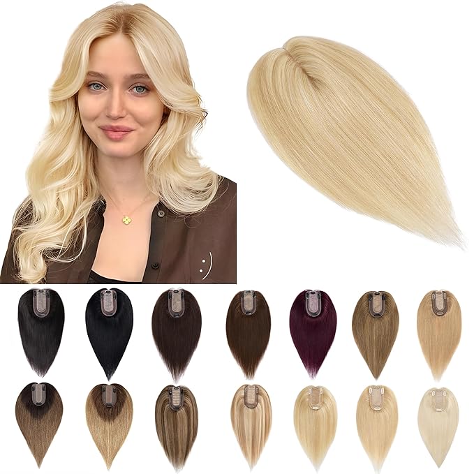 SEGO Human Hair Toppers for Women With Thinning Hair, 7 * 13CM Silk Base 100% Real Human Hair Clip in Top Wiglet Hairpieces -10 Inch No Bangs Ash Blonde&Bleach Blonde