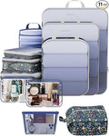Veken 11 Set Compression Packing Cubes for Travel Essentials,Compressible Expandable Large Luggage Suitcase Organizer Bags for Clothing,Durable Space Saver Storage Bags(Dark Blue Floral)