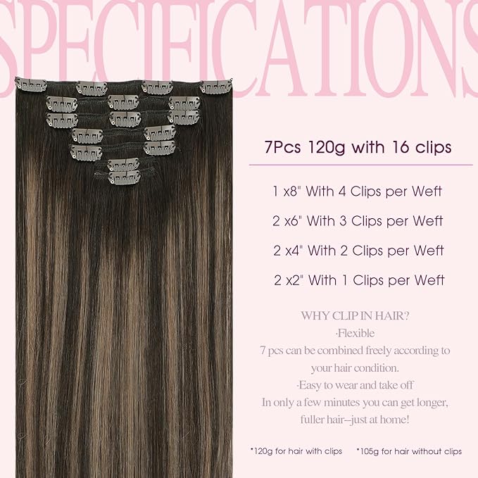 PINKPEARL Clip in Hair Extensions Human Hair Extensions, #2/6/2 Balayage Dark Brown to Chestnut Brown 120g 7pcs 16 Inch Real Human Hair Extensions Clip in Straight Remy Silky Weft(#2/6/2-16)