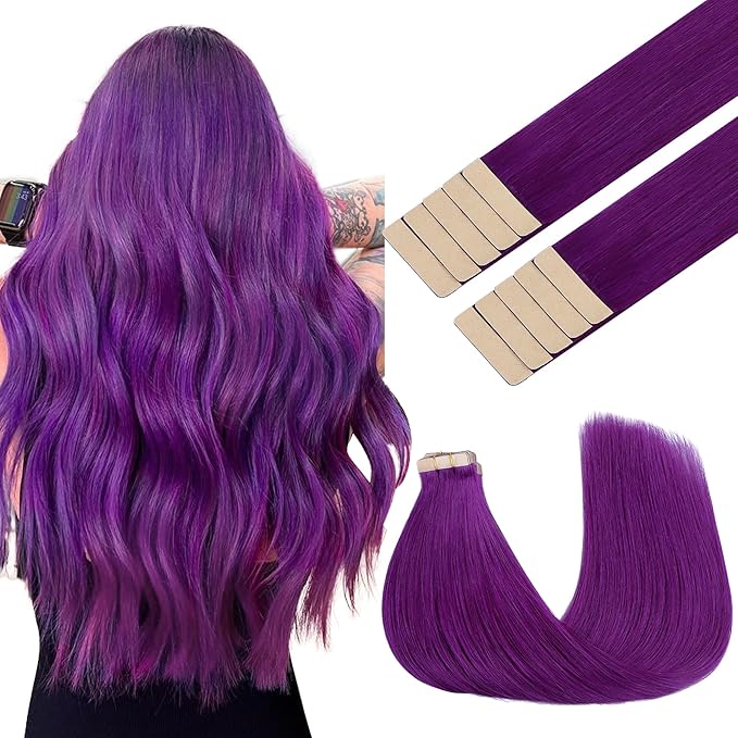 GOO GOO Tape in Hair Extensions Human Hair, Purple, 16inch 25g 10pcs, Colored Tape ins Human Hair Extensions, Silky&Soft Invisible Tape Ins, Hair Highlighted for Party