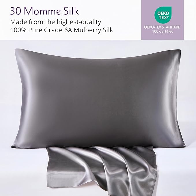 Mulberry Park 30 Momme Silk Pillowcase - Grade 6A Charmeuse Weave for Hair and Skin - Luxury Night Sleep - 1 Pc Gunmetal (Standard 20'' x 36'')