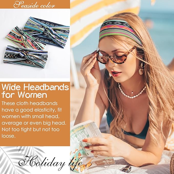 Achiou Boho Headbands for Women, Twist Knotted Head Bands for Women's Curly Hair Non Slip, Wide Turban Cloth Hairbands, Elastic Hair Accessories for Girls Yoga 6 Pack Two Size