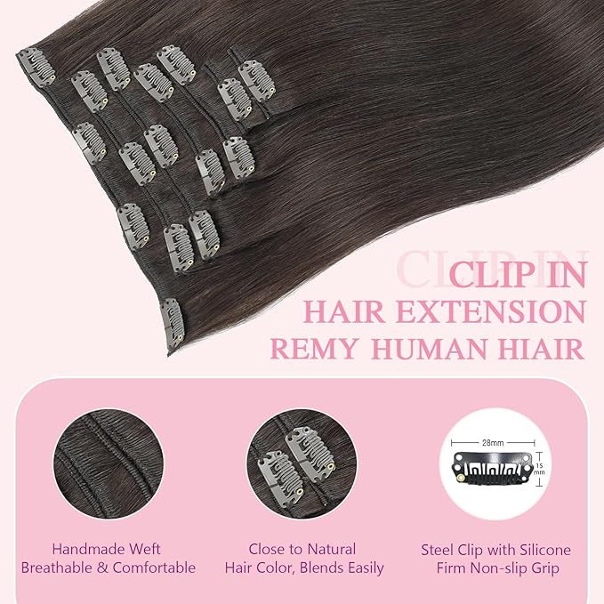 PINKPEARL Human Hair Extensions Clip ins 20inch Clip in Hair Extensions #2 Dark Brown Real Human Hair Clip on 120g 7pcs Remy Hair Clip ins for Women(#2-20)