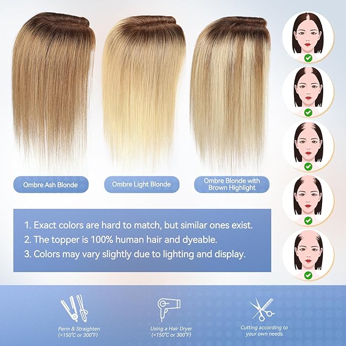 HAIRCUBE Hair Toppers for Women 100% Real Human Hair, Ombre Blonde with Brown Highlight, 6"*5.5"MONO Large Base,65g Hand-moven Real Human HairToppers for Women with ThinningHair