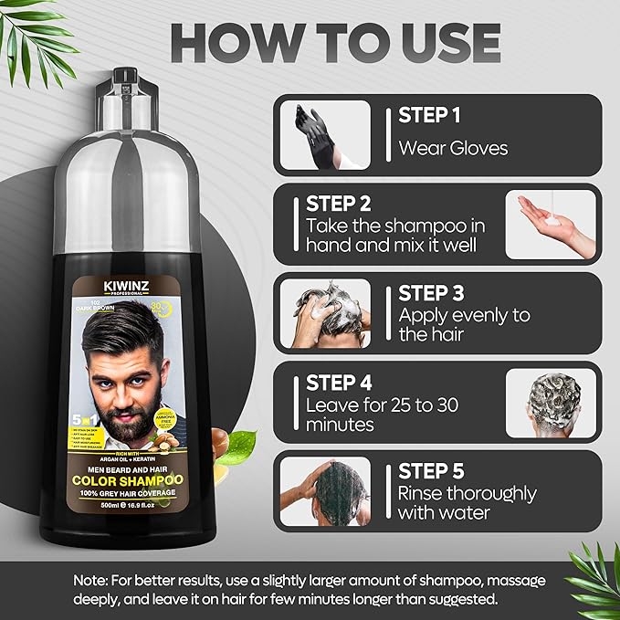 Dark Brown Hair Color Shampoo for Men – 5 in 1 Hair Dye Shampoo for Grey Hair - Instant Hair Dye with 100% Color Accuracy with Natural Ingredients - Ammonia Free - 500ml