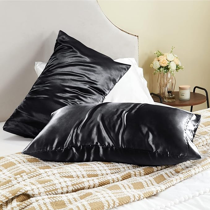 BEDELITE Satin Pillowcase for Hair and Skin, Super Soft and Cooling Similar to Silk Pillow Cases 2 Pack with Envelope Closure, Gift for Women Men(20"x30" Queen Size, Black)