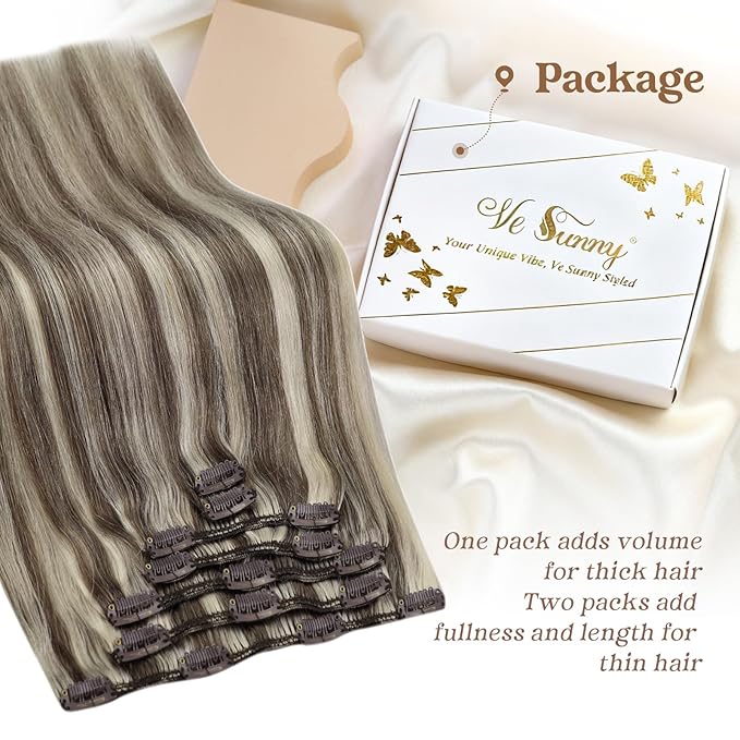 Ve Sunny Clip in Hair Extensions Real Human Hair for Women Full Head Straight Remy Clip in Extensions Light Brown Highlights Platinum Blonde 7pcs 120g 16 inch